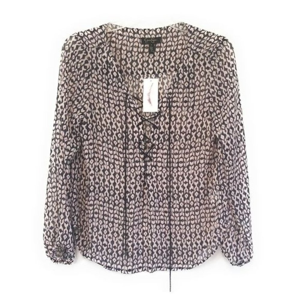 Jessica Simpson New Morgan Semi Sheer Chiffon Lace Up Top Blouse Womens Size S - Picture 7 of 8